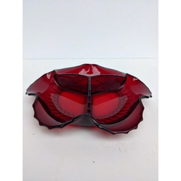 New Martinsville Radiance ruby 3 part relish dish, Ruby glass serving tray - Picture 2 of 9